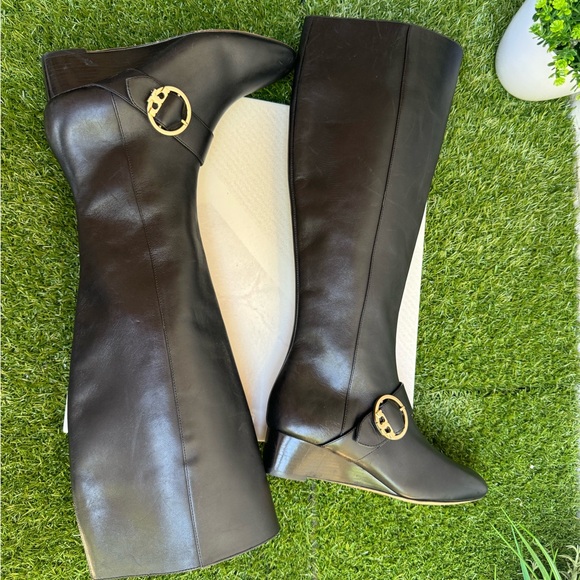 TORY BURCH Sofia Black Leather Knee-High Tall Wedge Boots Size 5 Riding boots - Picture 5 of 11